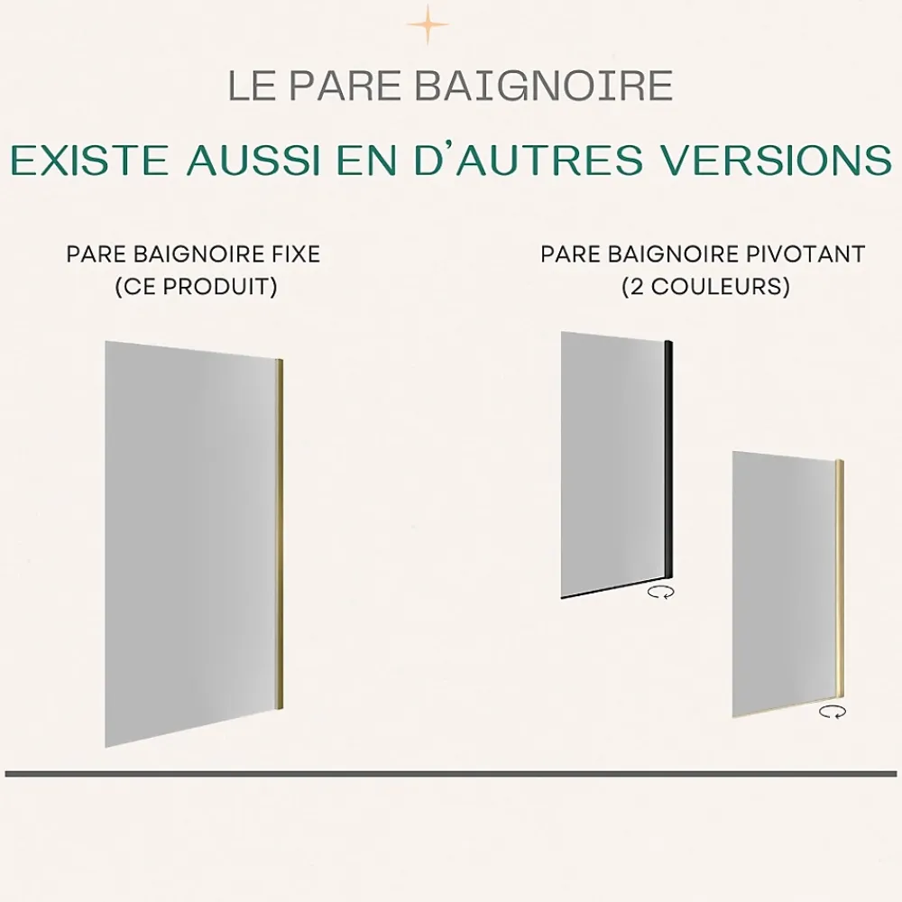 Pare-Baignoire|Essebagno Pare-baignoire 80x140 cm verre anticalcaire 6mm fixe en aluminium Or brossé
