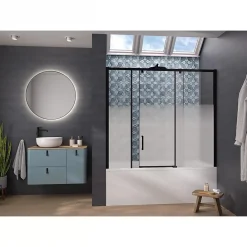 Pare-Baignoire|Kinedo Pare-bain Smart Design Pegasus coulissant pose entre 2 murs 170x148 gris noir grainé verre sérigraphié partie fixe à droite