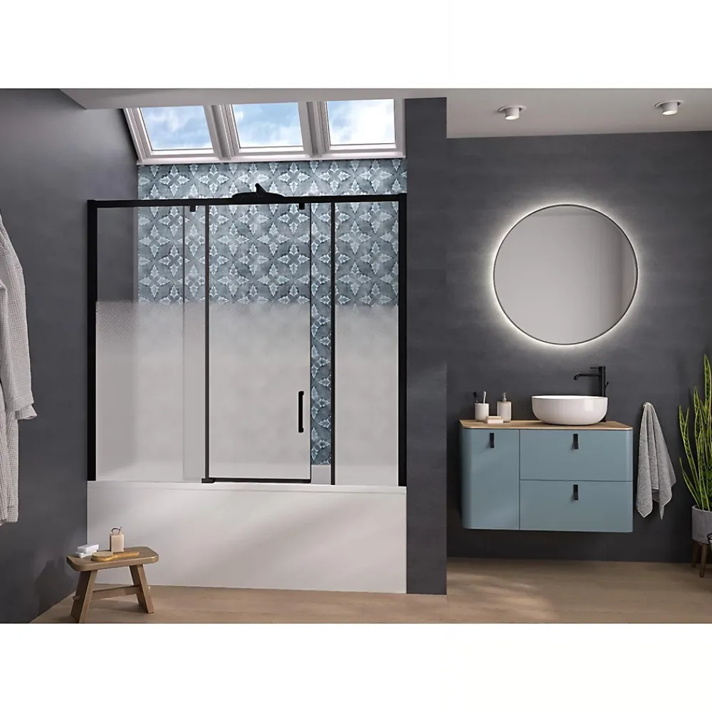 Pare-Baignoire|Kinedo Pare-bain Smart Design Pegasus coulissant pose entre 2 murs 180x148 gris noir grainé verre sérigraphié partie fixe à gauche