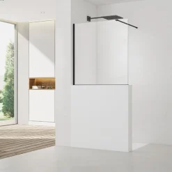 Swiss Aqua Technologies Pare-muret 110x100cm Paroi en verre Crystal Glass 8 mm anticalcaire, avec bras et profilés noir mat (SATBWIS110PRC)