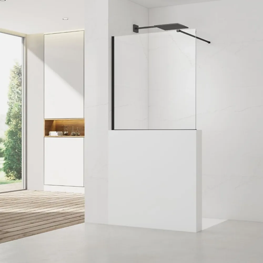Swiss Aqua Technologies Pare-muret 110x100cm Paroi en verre Crystal Glass 8 mm anticalcaire, avec bras et profilés noir mat (SATBWIS110PRC)