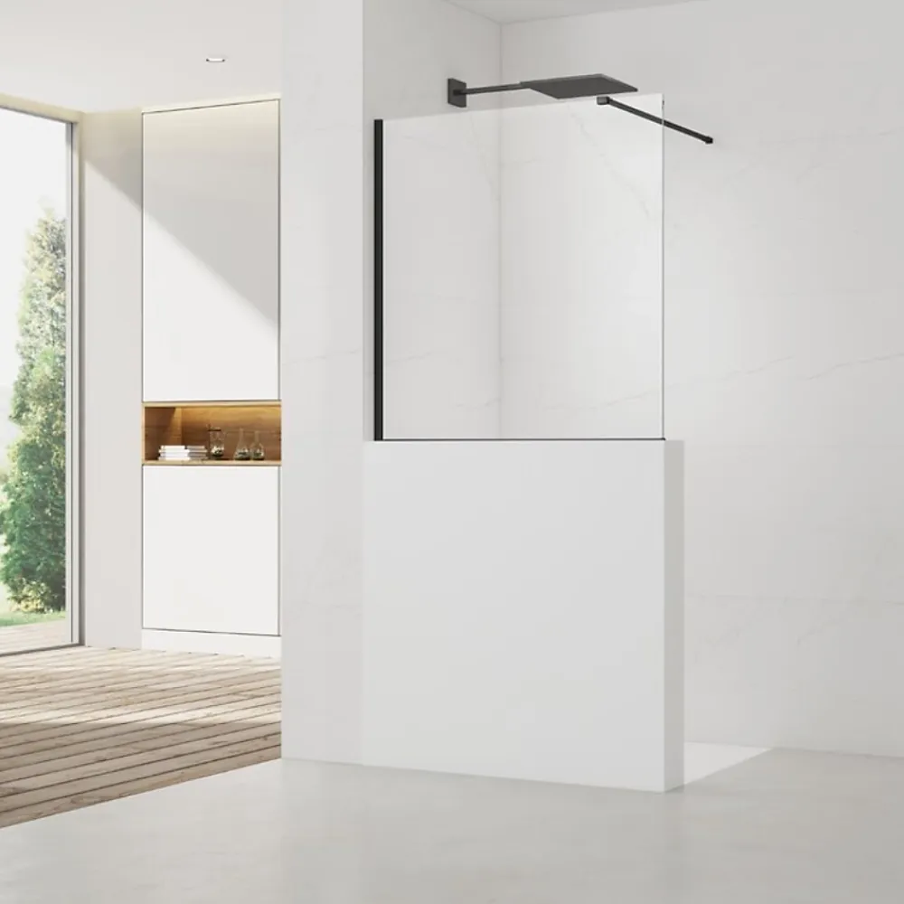 Swiss Aqua Technologies Pare-muret 120x100cm Paroi en verre Crystal Glass 8 mm anticalcaire, avec bras et profilés noir mat (SATBWIS120PRC)