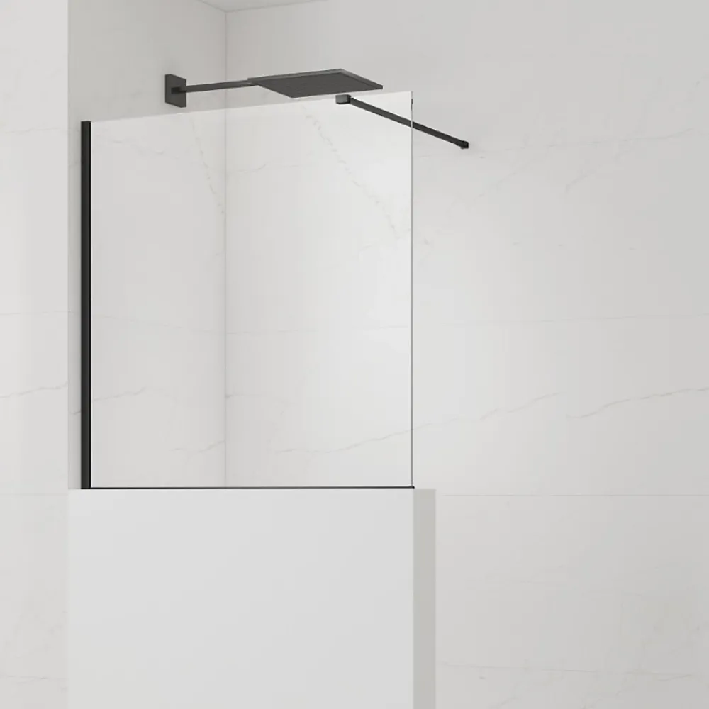 Swiss Aqua Technologies Pare-muret 120x100cm Paroi en verre Crystal Glass 8 mm anticalcaire, avec bras et profilés noir mat (SATBWIS120PRC)