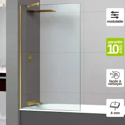 Superban Paroi de baignoire fixe en verre sécurité transparent ép 6mm anti calcaire, L100 x H147 cm, or brossé, Mont Blanc CC