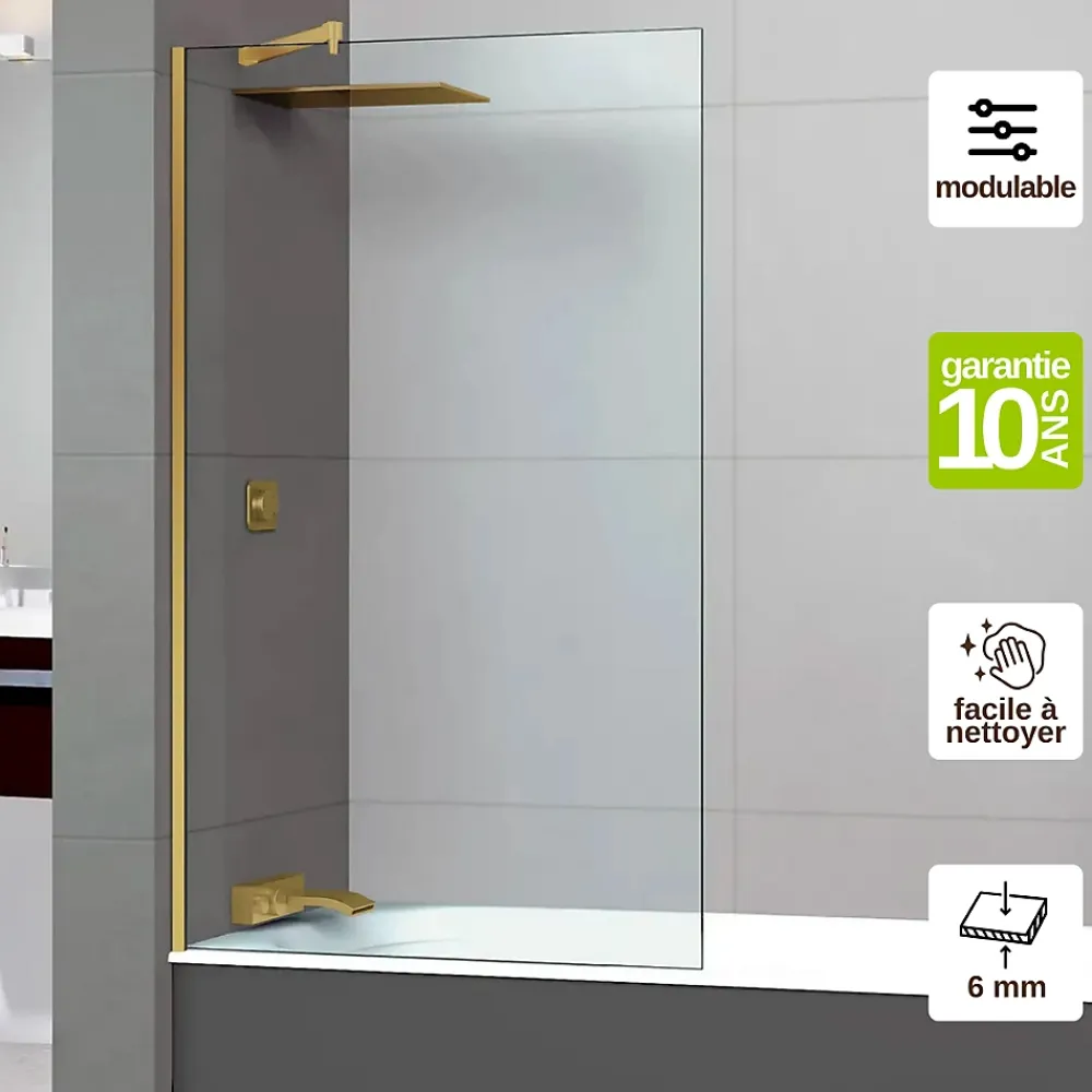 Superban Paroi de baignoire fixe en verre sécurité transparent ép 6mm anti calcaire, L100 x H147 cm, or brossé, Mont Blanc CC