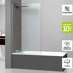 Pare-Baignoire|Superban Paroi de baignoire fixe en verre sécurité transparent ép 6mm anti calcaire, L100 x H147 cm, chrome, Mont Blanc CC