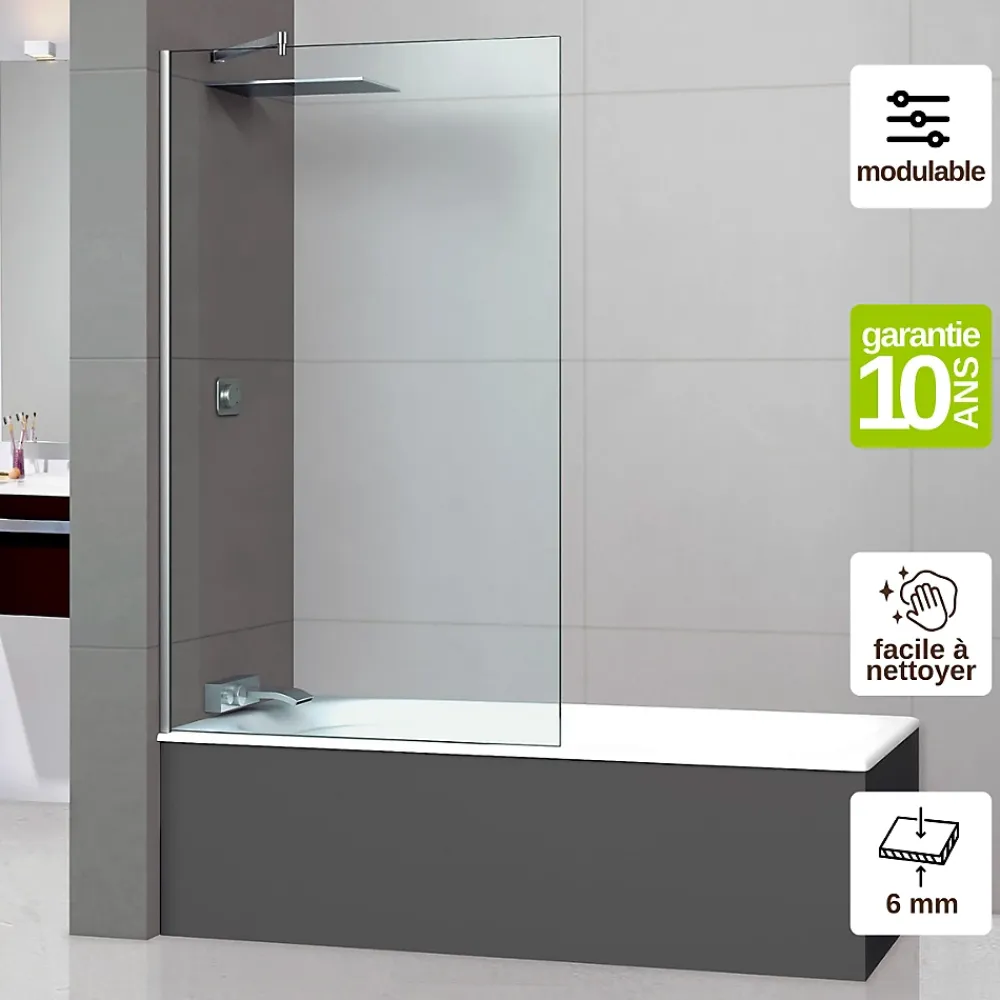 Superban Paroi de baignoire fixe en verre sécurité transparent ép 6mm anti calcaire, L120 x H147 cm, chrome, Mont Blanc CC