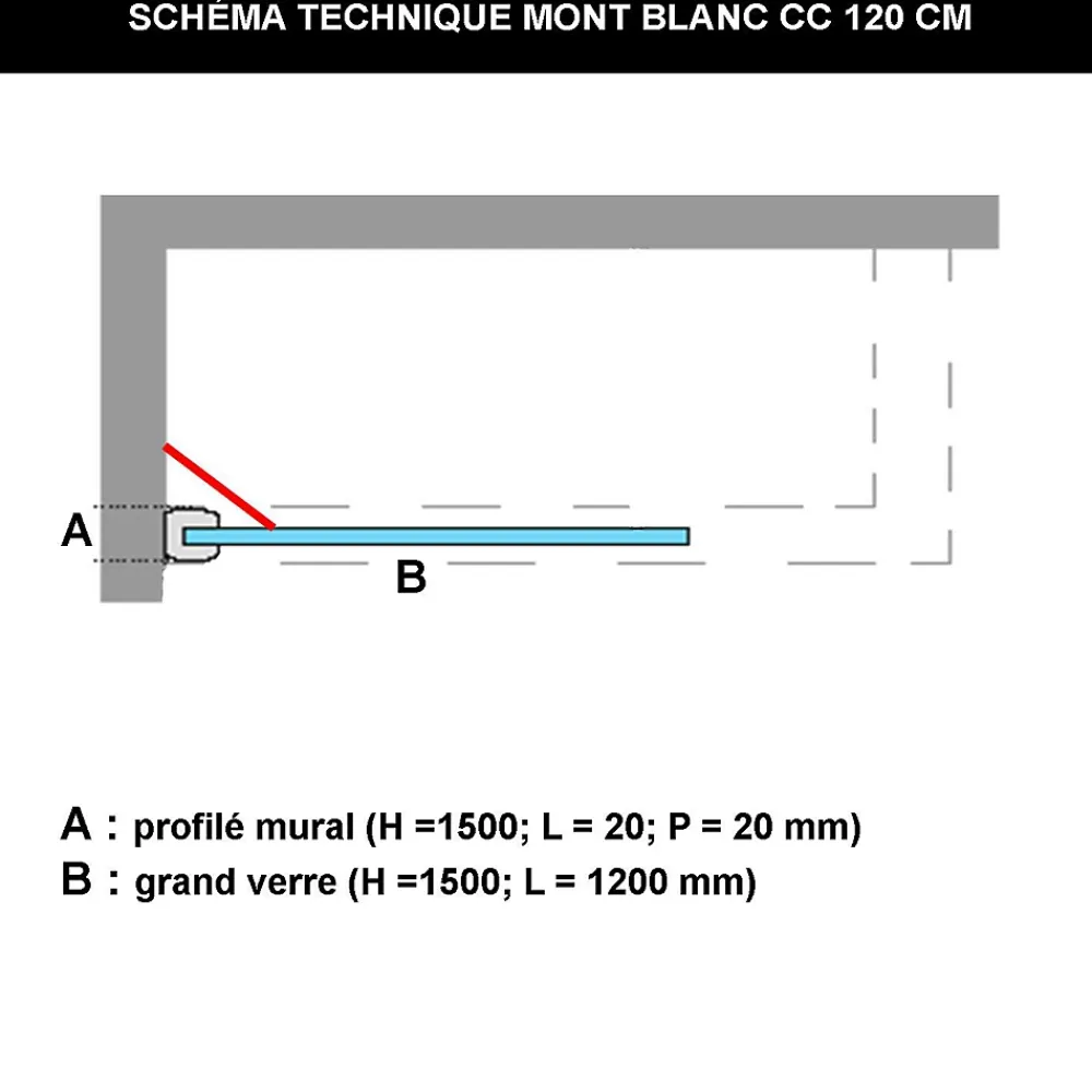Superban Paroi de baignoire fixe en verre sécurité transparent ép 6mm anti calcaire, L120 x H147 cm, chrome, Mont Blanc CC