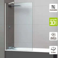 Superban Paroi de baignoire fixe en verre sécurité transparent ép 8mm anti calcaire, L100 x H147 cm, blanc brillant, Mont Blanc CC