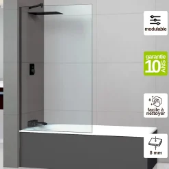 Pare-Baignoire|Superban Paroi de baignoire fixe en verre sécurité transparent ép 8mm anti calcaire, L100 x H147 cm, noir mat, Mont Blanc CC