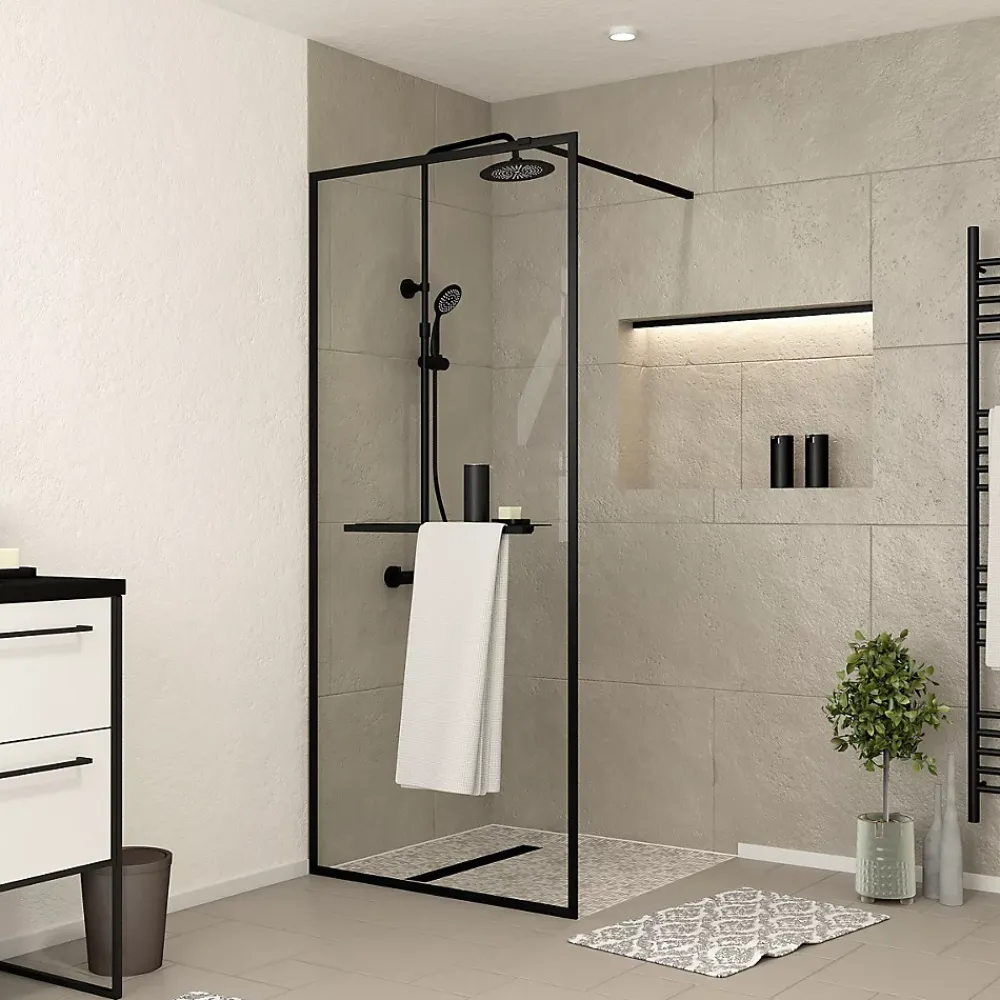 Paroi De Douche| Paroi de douche à l'italienne avec porte-serviettes H.200 x l.90 cm, ép. 6 mm, profilé noir, Galedo Edge