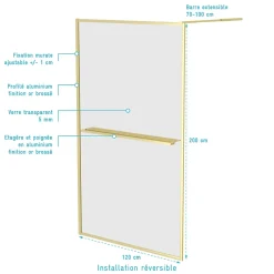 Paroi de douche à l'italienne fixe 120 x 200 cm, doré brossé, Galedo Golden Edge