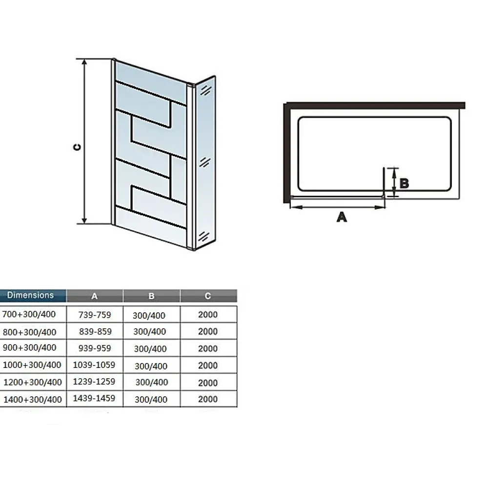 AICA Sanitaire Paroi de douche à l'italienne 70x200cm avec volet pivotant 40cm - 8mm verre anticalcaire - barre de fixation carrée 140cm