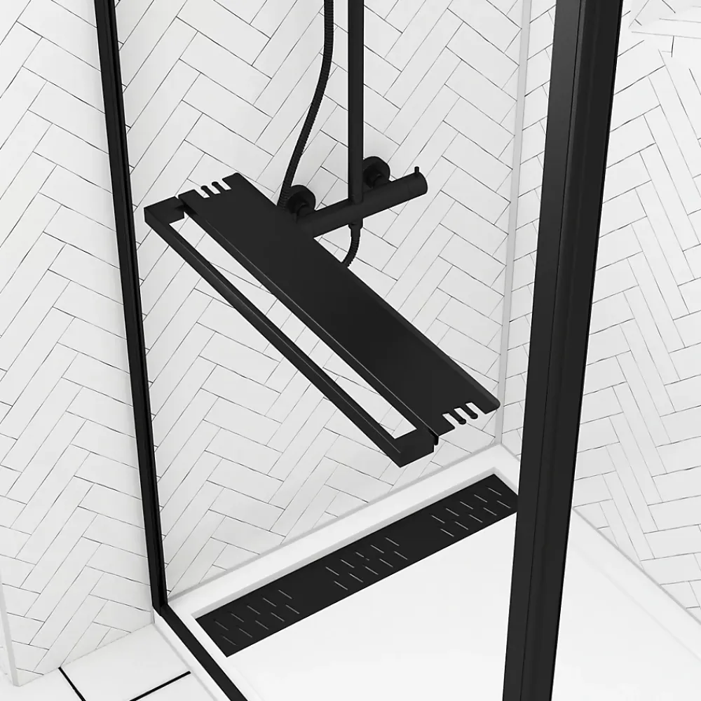 Paroi de douche à l'italienne fixe + volet pivotant 90+40 x 200 cm, noir mat, Galedo Dark Edge Shelf