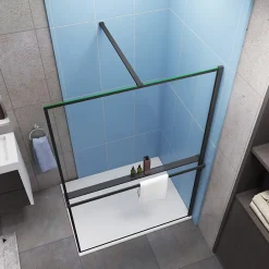 Paroi de douche à l'italienne noir 140x200cm - 8mm verre anticalcaire + Étagère de Douche 140cm + barre de fixation 140cm