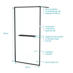 Paroi de douche à l'italienne fixe 100 x 200 cm, noir mat, Galedo Dark Edge Shelf