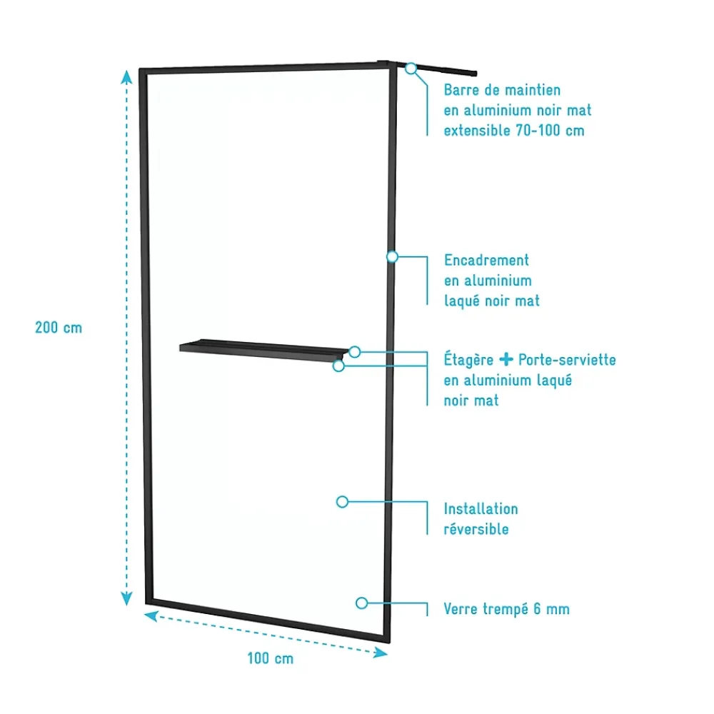 Paroi de douche à l'italienne fixe 100 x 200 cm, noir mat, Galedo Dark Edge Shelf