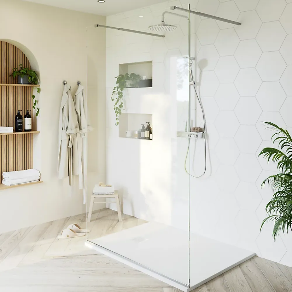 Paroi de douche à l'italienne centrale l.140 x 195 cm, profilés alu finition chrome, GoodHome Ledava