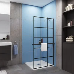Paroi de douche à l'italienne noir 100x200cm + Étagère de Douche 100cm alu - 8mm Verre sécurité + barre de fixation noir 45cm