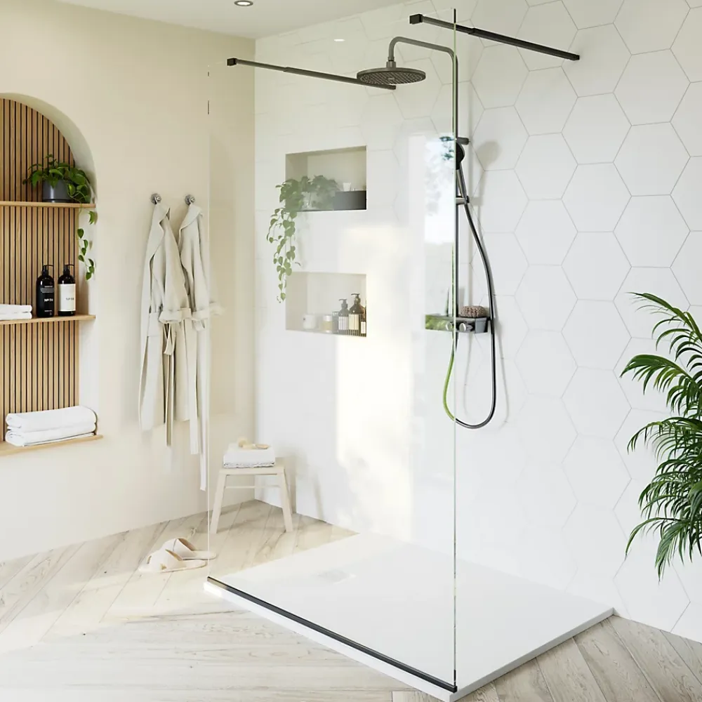 Paroi De Douche| Paroi de douche à l'italienne centrale l.120 x 195 cm, profilés alu noir mat, GoodHome Ledava