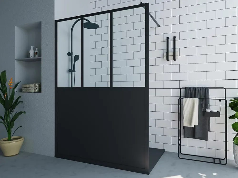 Vente-unique Paroi de douche à l'italienne style atelier - Noir mat - 140 x 200 cm - URBANIK