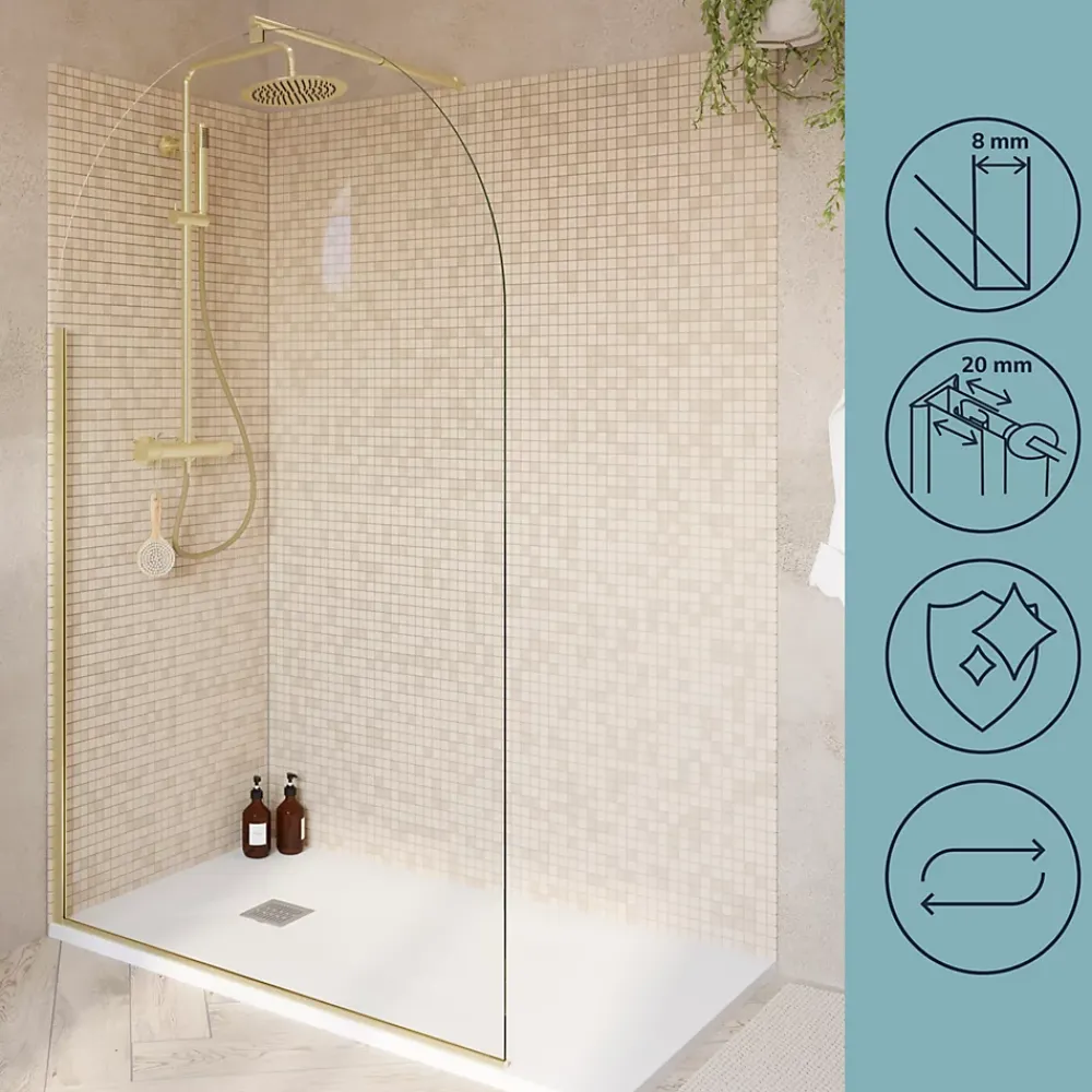 Paroi de douche à l'italienne arrondie l.120 x 198 cm, profilés alu finition doré brossé, GoodHome Ledava