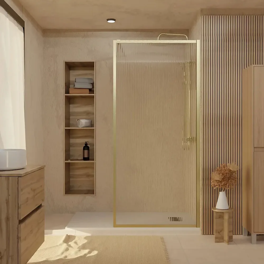 Paroi De Douche| Paroi de douche à l'italienne l.90 x H.200 cm verre ondulé et profilés doré brossé, Galedo Golden Edge