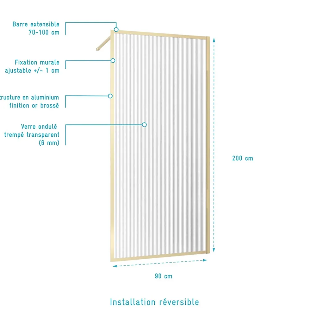 Paroi De Douche| Paroi de douche à l'italienne l.90 x H.200 cm verre ondulé et profilés doré brossé, Galedo Golden Edge