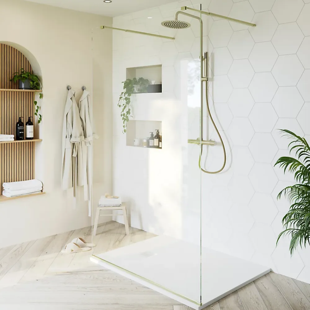 Paroi de douche à l'italienne centrale l.120 x 195 cm, profilés alu doré brossé, GoodHome Ledava