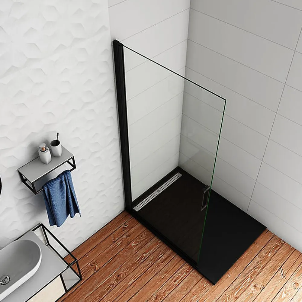 AICA Sanitaire Paroi de douche à l'italienne pivotante 86x200cm - 8mm verre anticalcaire - profilé noir mat -Installer réversible
