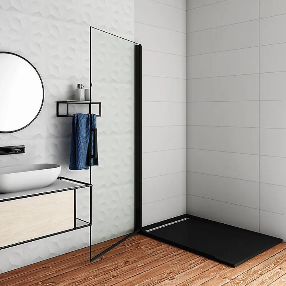 AICA Sanitaire Paroi de douche à l'italienne pivotante 86x200cm - 8mm verre anticalcaire - profilé noir mat -Installer réversible