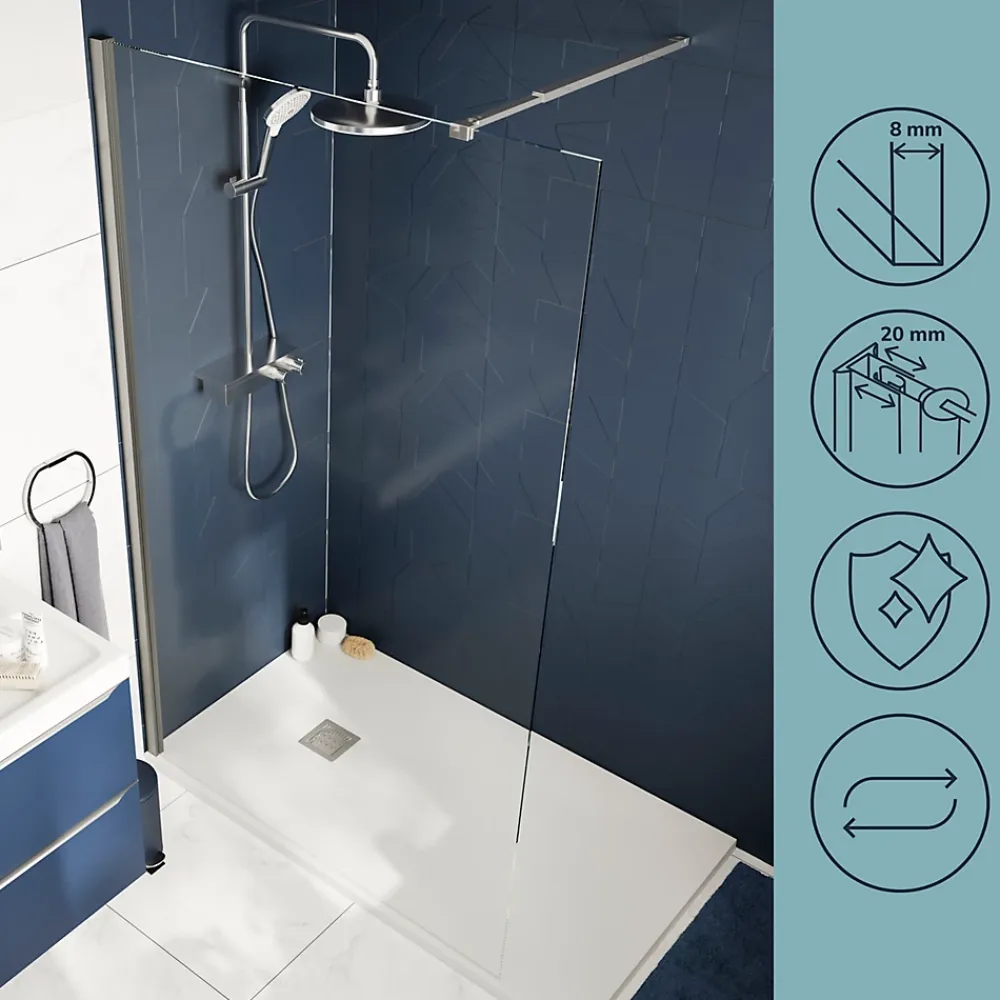 Paroi De Douche| Paroi de douche à l'italienne fixe l.100 x H.195 cm, verre transparent, profilés alu chrome, GoodHome Ledava