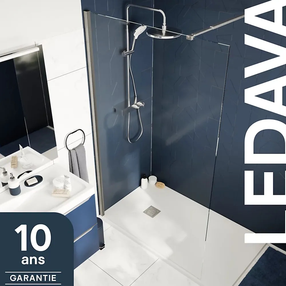 Paroi De Douche| Paroi de douche à l'italienne fixe l.100 x H.195 cm, verre transparent, profilés alu chrome, GoodHome Ledava