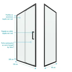 Aurlane Paroi de douche 1 porte coulissante + Retour 120x80x200 cm - Verre 6 mm - Profilé Noir - CRUSH