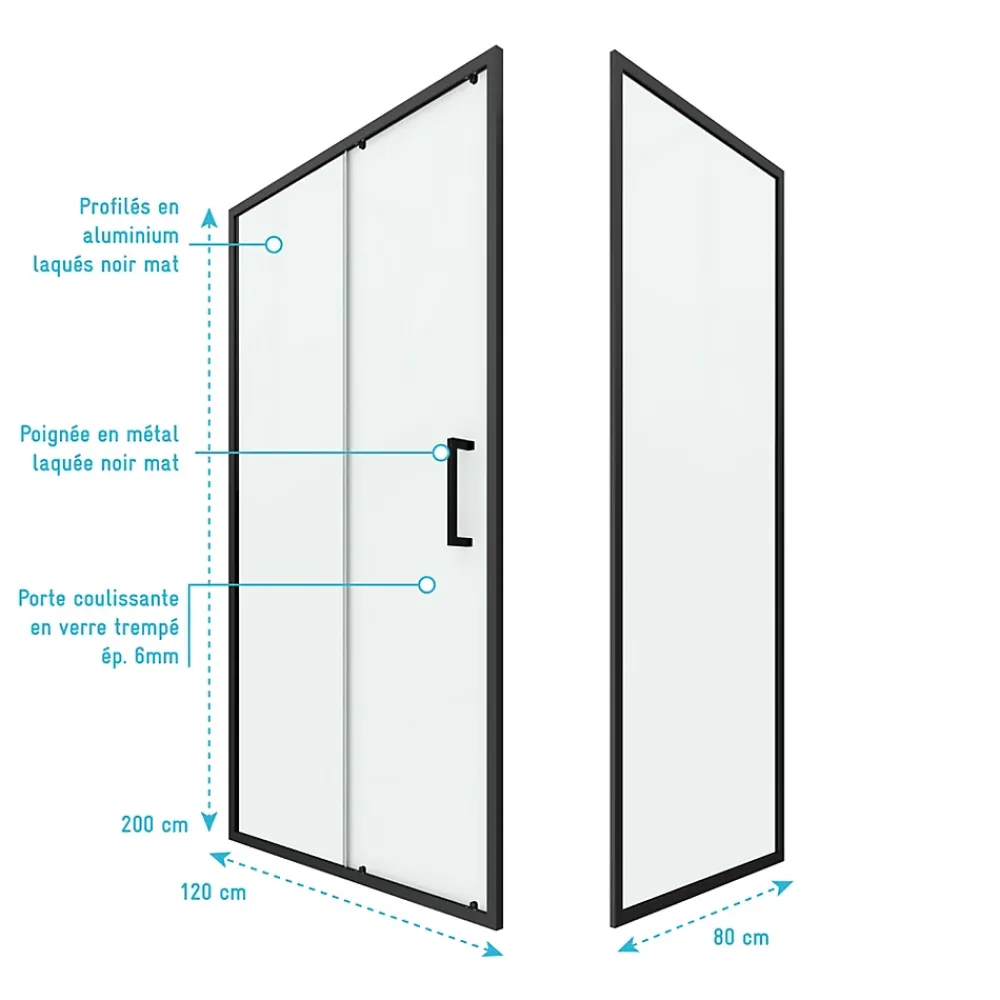 Aurlane Paroi de douche 1 porte coulissante + Retour 120x80x200 cm - Verre 6 mm - Profilé Noir - CRUSH