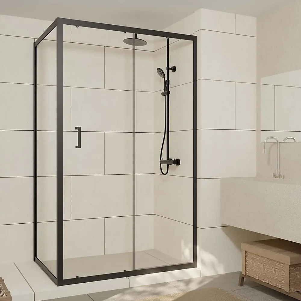 Aurlane Paroi de douche 1 porte coulissante + Retour 120x90x200 cm - Verre 6 mm - Profilé Noir - CRUSH