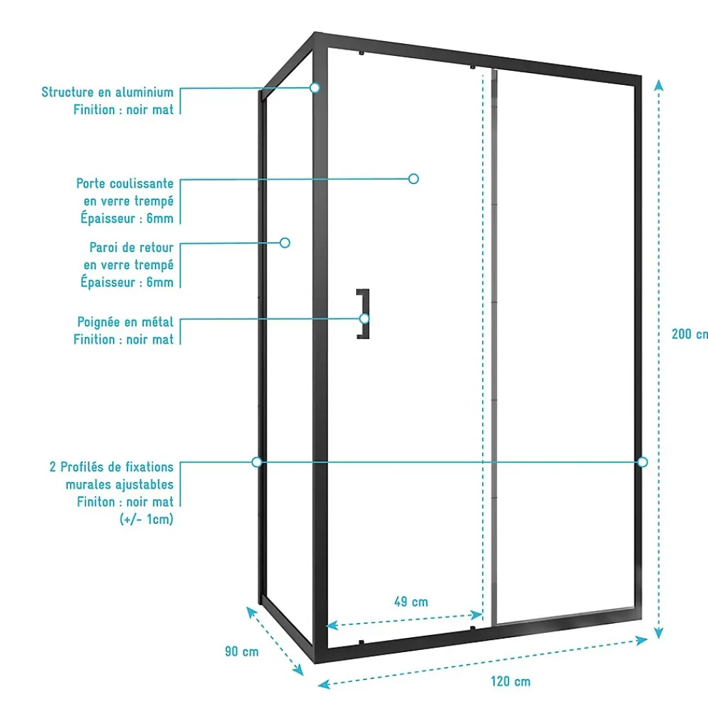 Aurlane Paroi de douche 1 porte coulissante + Retour 120x90x200 cm - Verre 6 mm - Profilé Noir - CRUSH