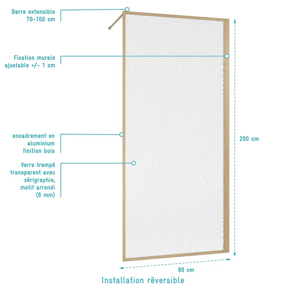 Paroi De Douche|Aurlane Paroi de douche 90 x 200 HINATA - style Japandi courbes douces - Cadre effet Bois - Verre 6mm