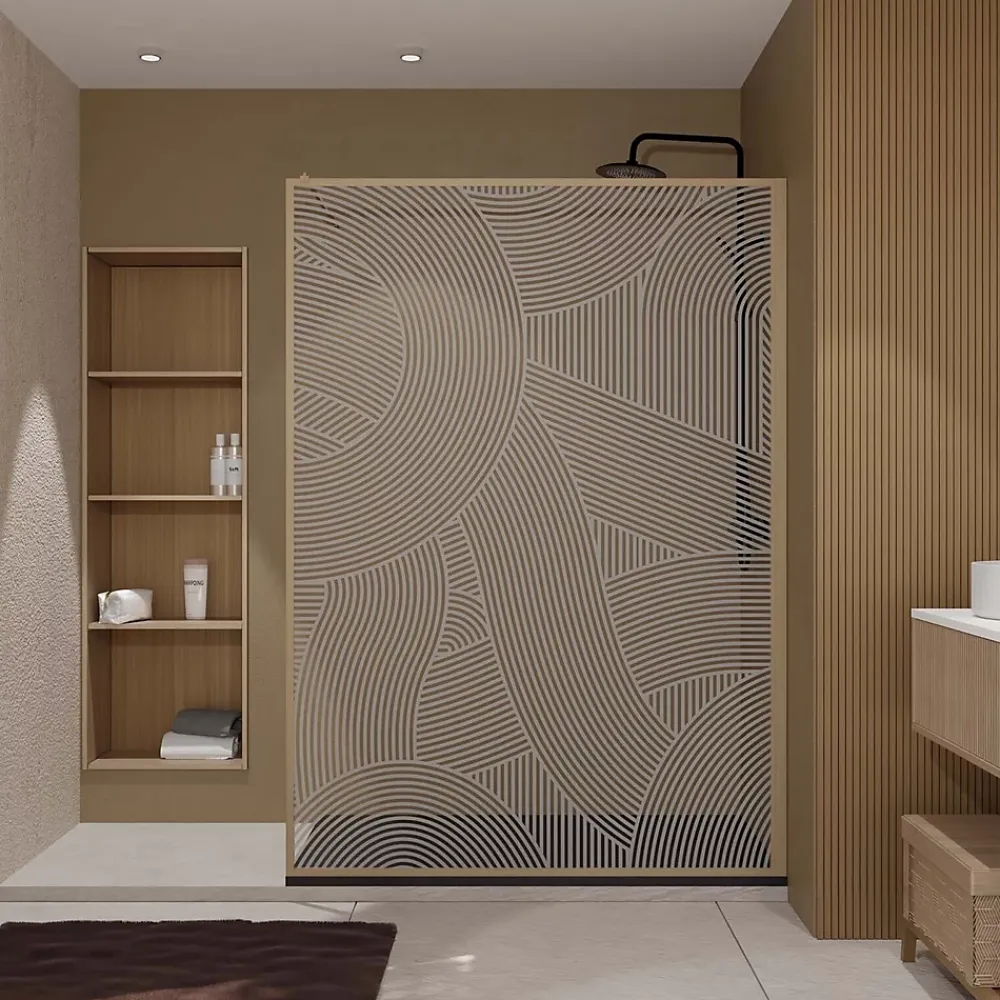 Aurlane Paroi de douche 140 x 200 HINATA - style Japandi courbes douces - Cadre effet Bois - Verre 6mm