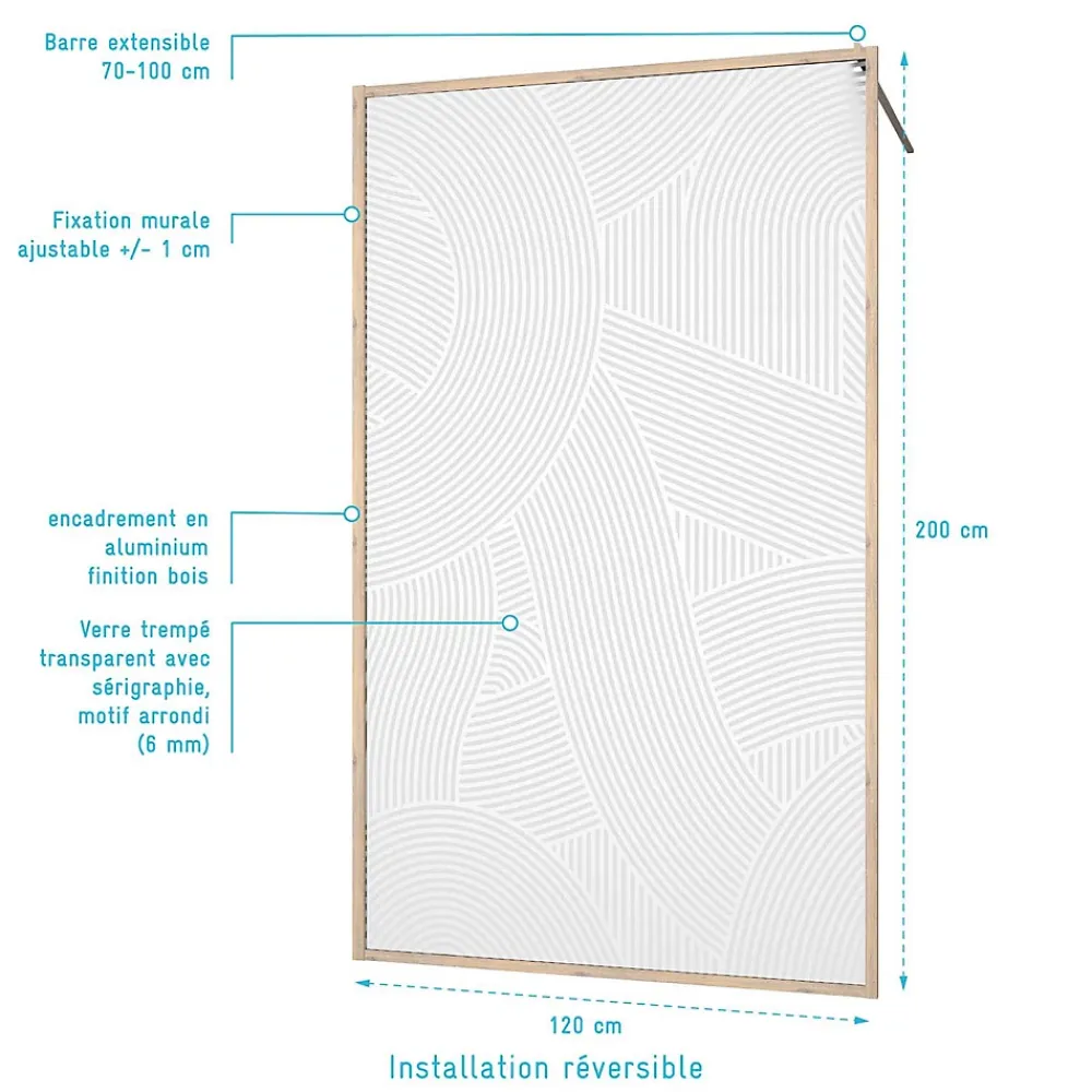 Paroi De Douche|Aurlane Paroi de douche 120 x 200 HINATA style Japandi courbes douces - Cadre effet Bois - Verre 6mm