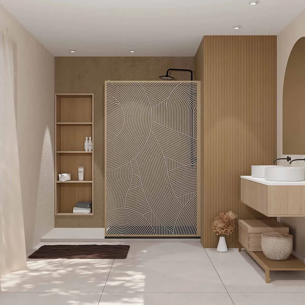 Paroi De Douche|Aurlane Paroi de douche 120 x 200 HINATA style Japandi courbes douces - Cadre effet Bois - Verre 6mm