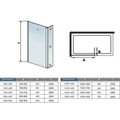 Paroi de douche avec 40 cm retour pivotant - 80 x 200 cm - 8 mm Verre effet Brume, finition chrome avec barre de fixation 90cm