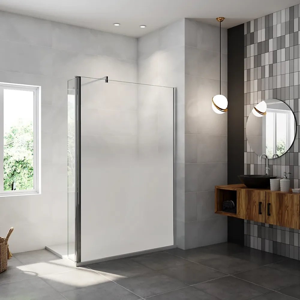 Paroi De Douche| Paroi de douche avec 40 cm retour pivotant - 90 x 200 cm - 8 mm Verre effet Brume, finition chrome avec barre de fixation 140cm