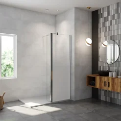 Paroi de douche avec 40 cm retour pivotant - 80 x 200 cm - 8 mm Verre effet Brume, finition chrome avec barre de fixation 140cm