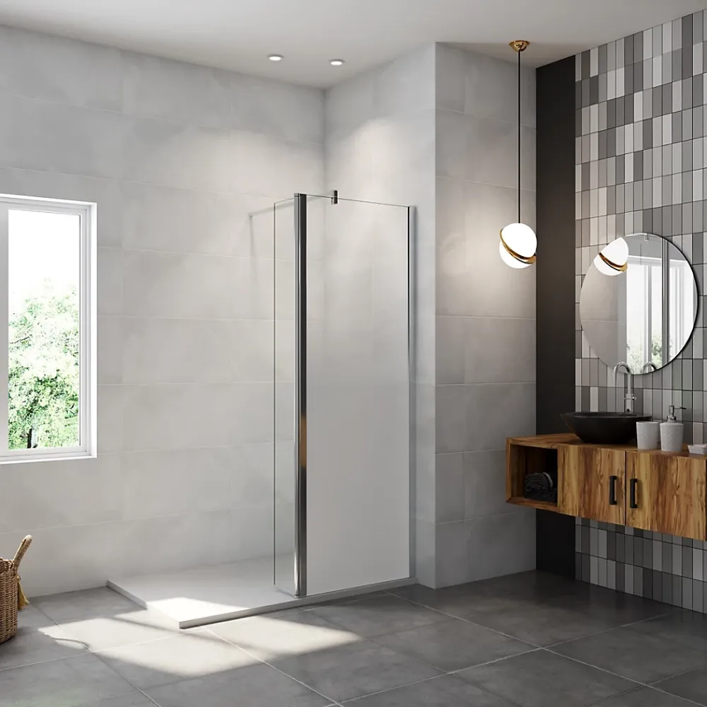 Paroi de douche avec 40 cm retour pivotant - 80 x 200 cm - 8 mm Verre effet Brume, finition chrome avec barre de fixation 140cm