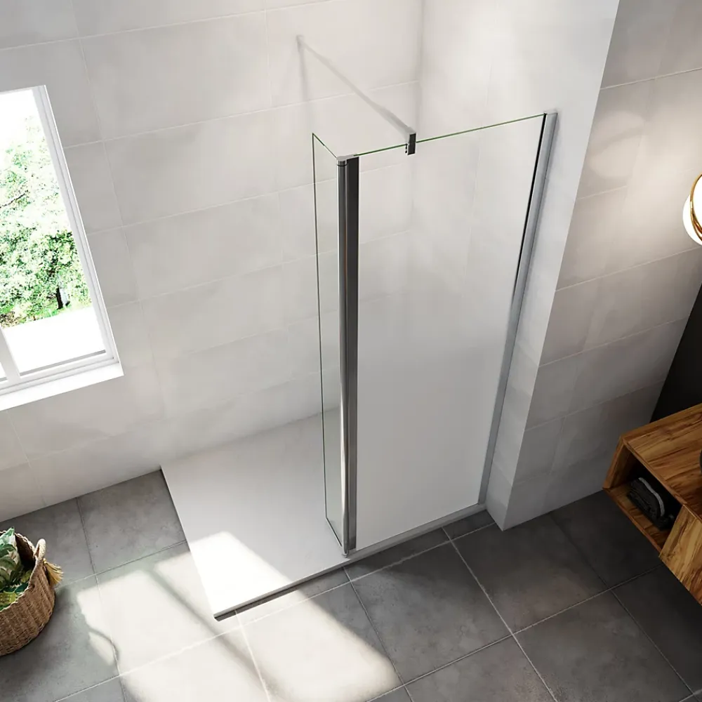 Paroi de douche avec 40 cm retour pivotant - 80 x 200 cm - 8 mm Verre effet Brume, finition chrome avec barre de fixation 140cm