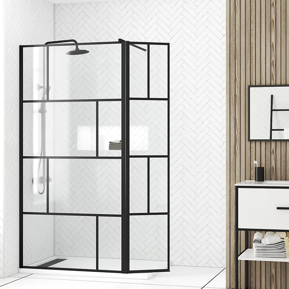 Paroi De Douche|Aurlane Paroi de douche avec pivot 80+40x195cm - Sérigraphie type Briques et Profilés Noir - DARK BLOCKS