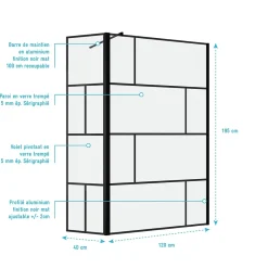 Aurlane Paroi de douche avec pivot 120+40x195cm - Sérigraphie type Briques et Profilés Noir - DARK BLOCKS