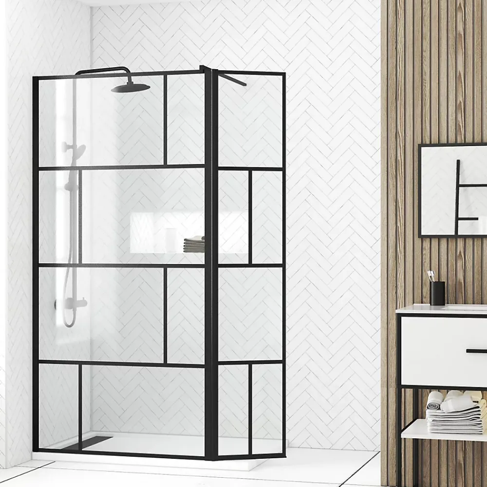 Paroi De Douche|Aurlane Paroi de douche avec pivot 100+40x195cm - Sérigraphie type Briques et Profilés Noir - DARK BLOCKS
