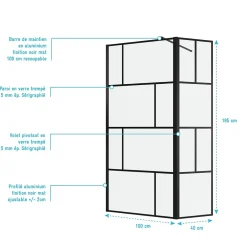 Paroi De Douche|Aurlane Paroi de douche avec pivot 100+40x195cm - Sérigraphie type Briques et Profilés Noir - DARK BLOCKS
